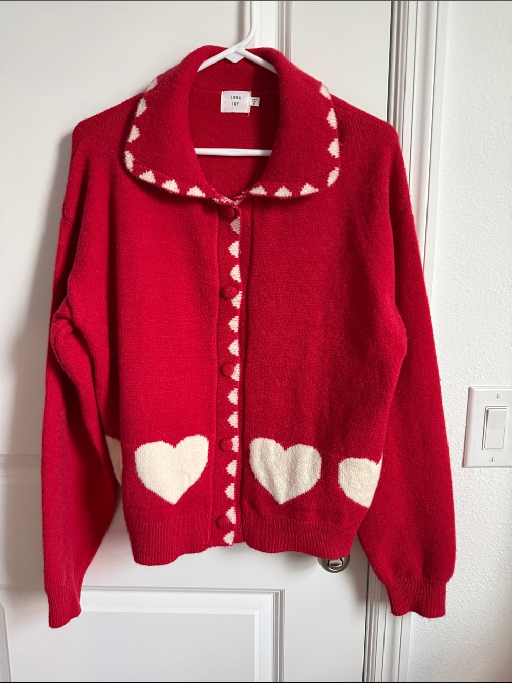 Red Heart-Trim Button-Up Sweater Cardigan